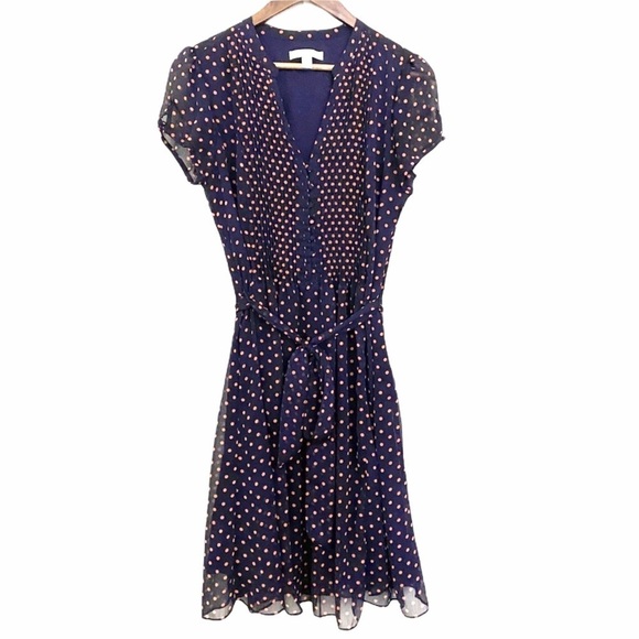 Prelude Button Pintuck Pleated Button Polka Dot Belt Pinup Dress - Picture 1 of 9